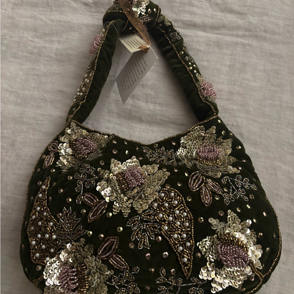 Olive Green Embellished Floral Sequin Shoulder Bag